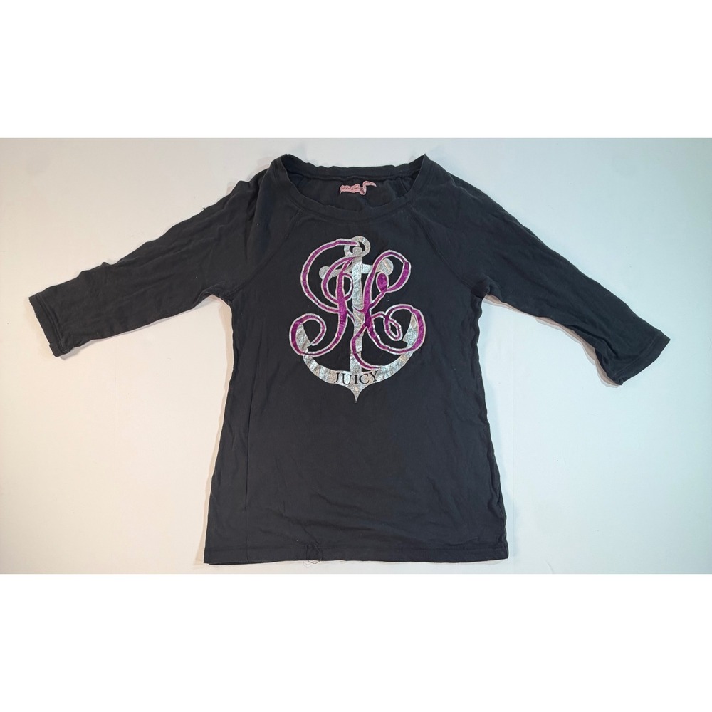Juicy Couture Black Graphic Long Sleeve Tee Purple Velvet Anchor Monogram Small